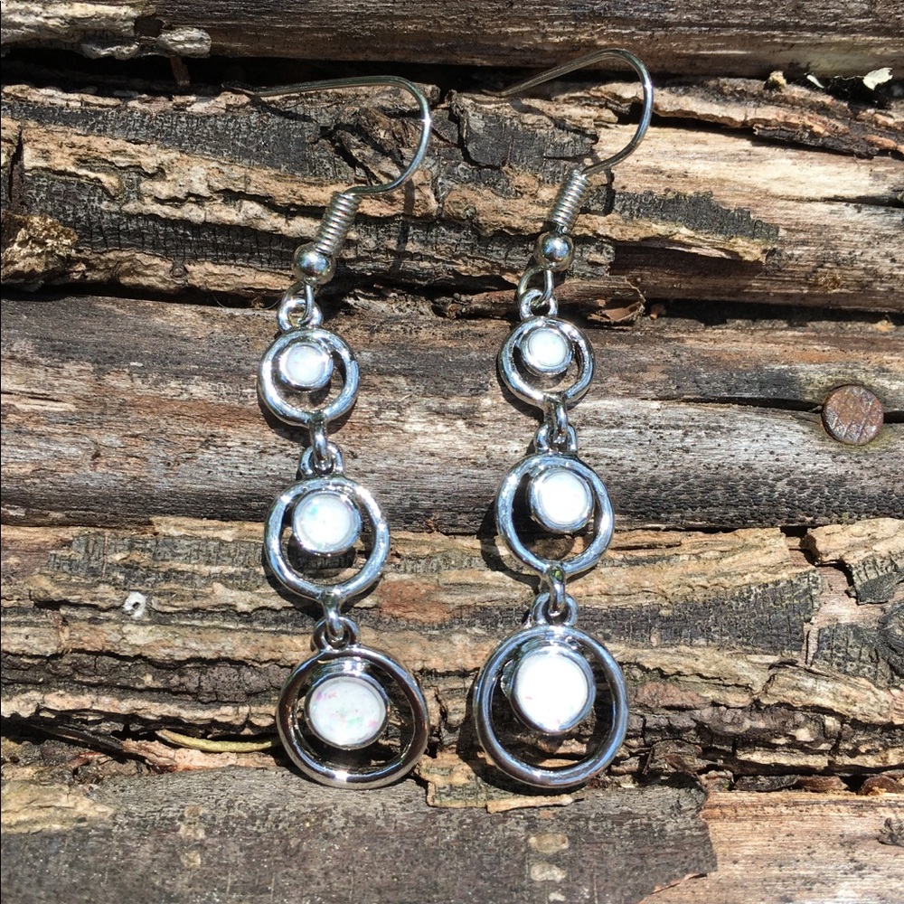 Man Made White Fire Opal Silver Earrings